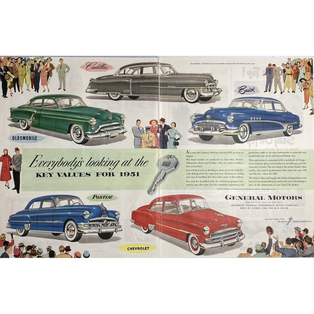 General Motors Pictures All Cars Offered for 1951 2-Page Vintage Print Ad 1951